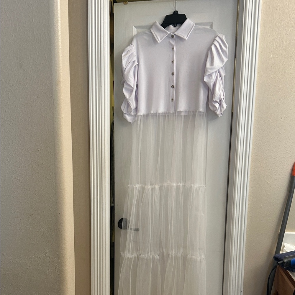 White Sheer Layered Dress with Puff Sleeves